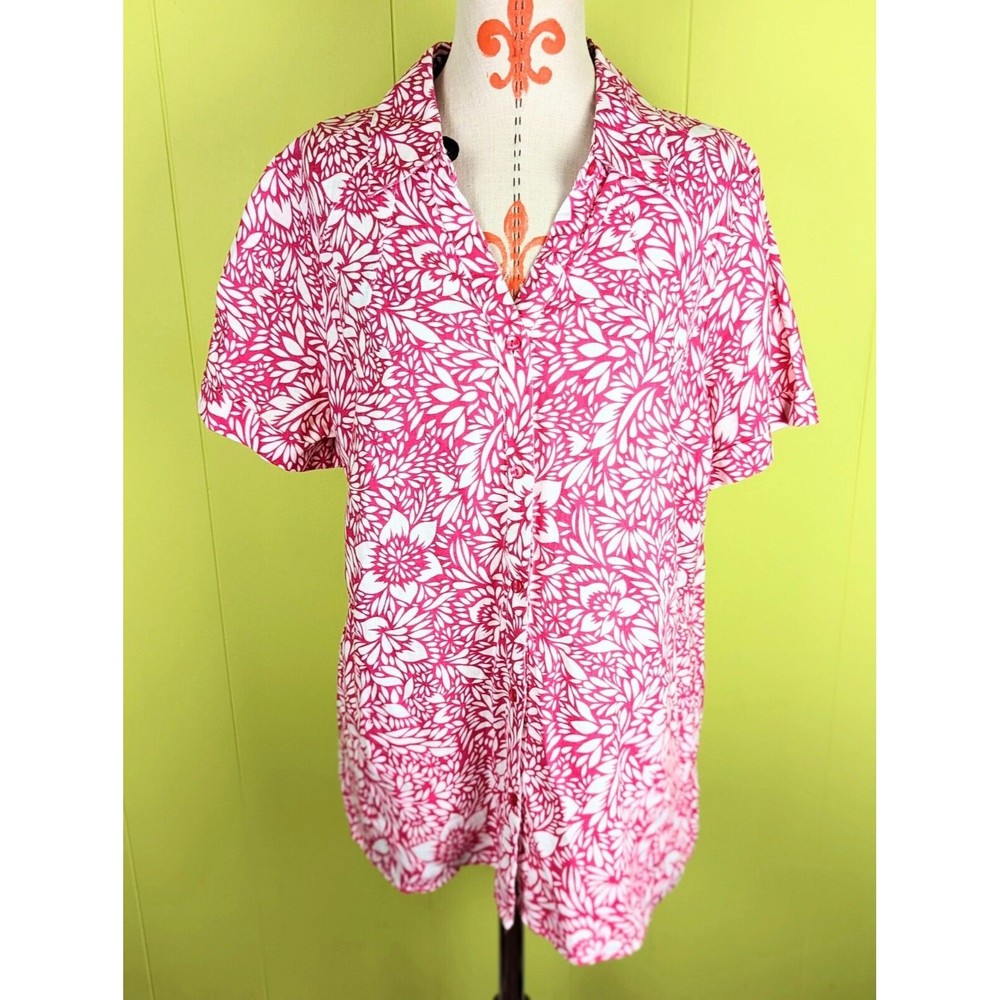 Kim Rogers Women Plus 1X 100% Linen Pink Floral Button Up Short Sleeve Shirt EUC